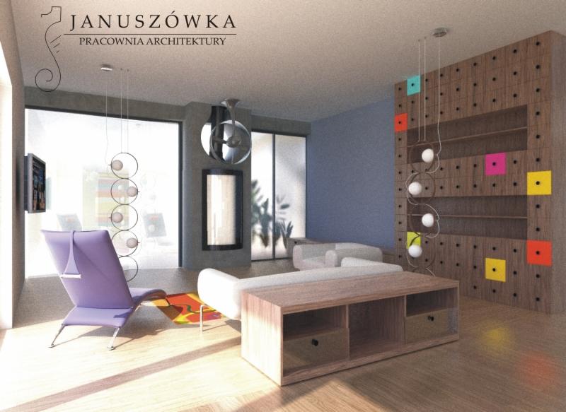 Wizualizacja wnętrza pokoju dziennego z fioletowym krzesłem, drewnianą szafką RTV, regałem z kolorowymi akcentami i lampą kulistą, oświetlonego naturalnym światłem wpadającym przez duże okna.