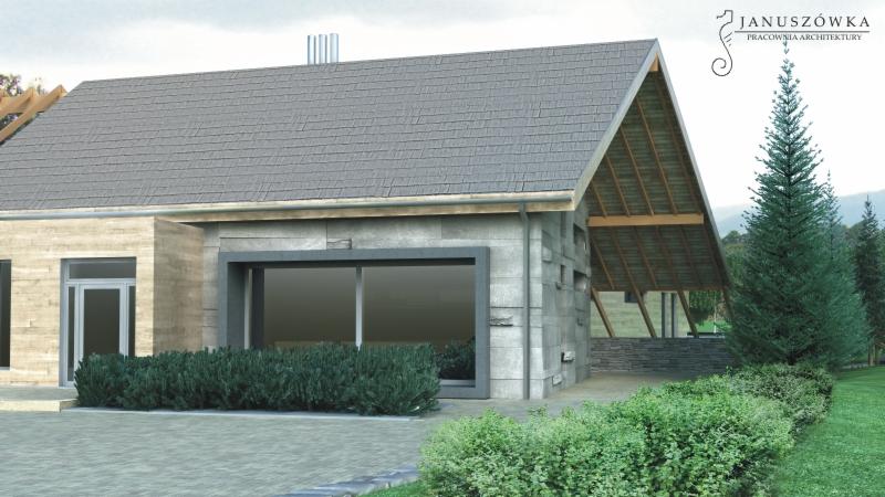 Wizualizacja domu jednorodzinnego z szarego kamienia z grafitową stolarką okienną i dachem z szarej dachówki, otoczonego niskimi krzewami i trawnikiem, z widocznym logo pracowni architektonicznej.