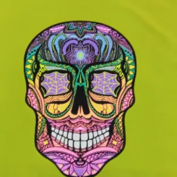 Koszulka w kolorze limonki z nadrukiem kolorowej, ozdobnej czaszki w stylu meksykańskim.