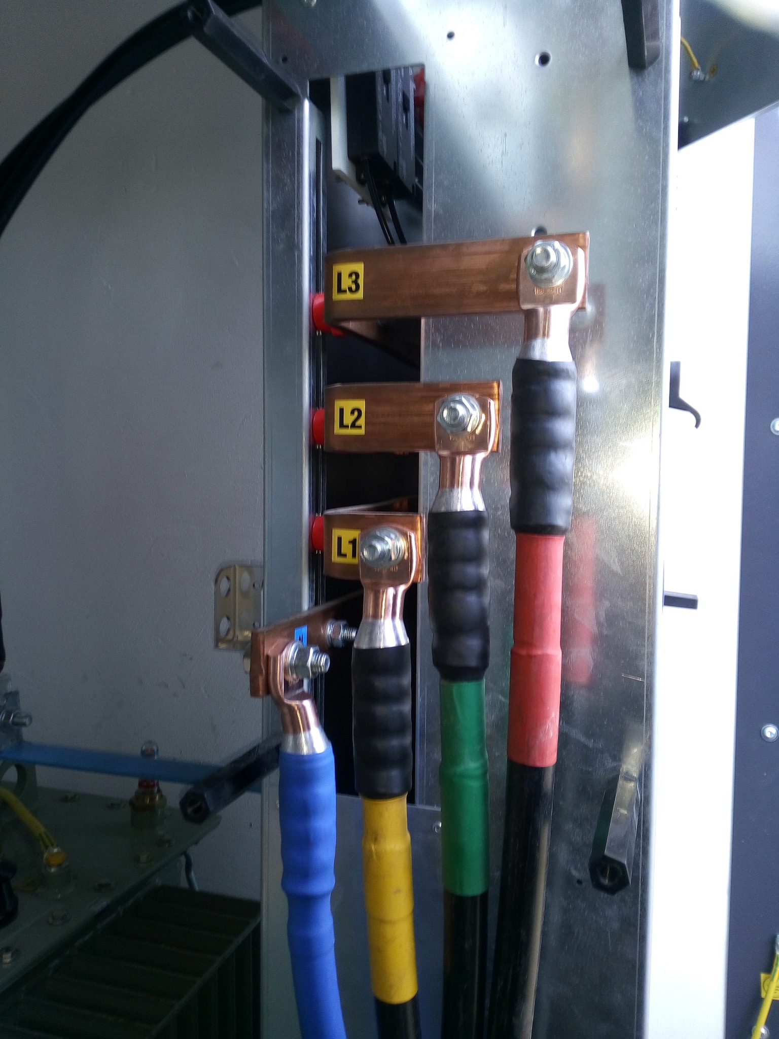Szyna zbiorcza z przyłączonymi przewodami oznaczonymi L1, L2, L3 w rozdzielnicy elektrycznej, kable w kolorach niebieskim, żółtym, zielonym i czerwonym.