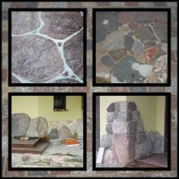 Mozaika z kamienia polnego ciętego, prezentująca różne wzory i faktury, w tym wykończenie ściany z kamienia oraz fragment tarasu z kamienną posadzką.