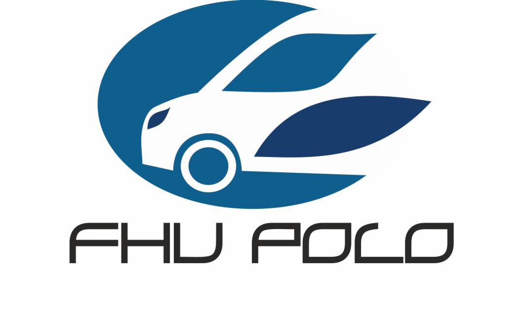 Logo firmy FHU POLO przedstawiające stylizowany biały samochód w niebieskim okręgu z dodatkowymi elementami graficznymi.