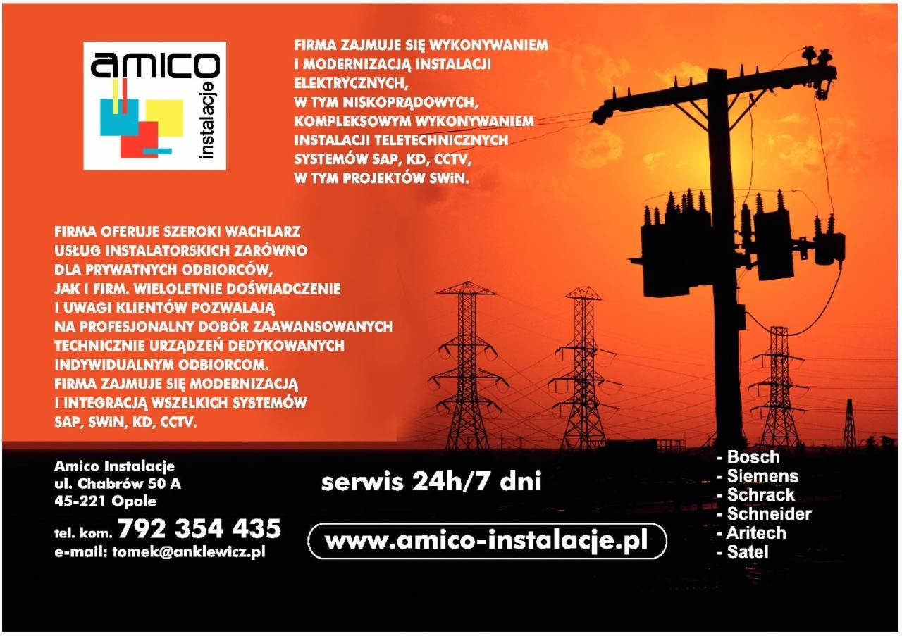 Grafika reklamowa firmy instalacyjnej Amico z Opola, prezentująca słupy wysokiego napięcia na tle pomarańczowego nieba o zachodzie słońca, logo firmy w lewym górnym rogu, adres, telefon i adres...