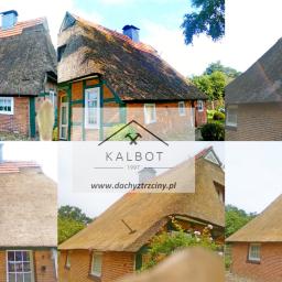 PHU KALBOT s.c. - Montaż dachu ze strzechy na ceglanym domu z zielonymi elementami dekoracyjnymi, widoczny komin i logo firmy nałożone na kolaż zdjęć.