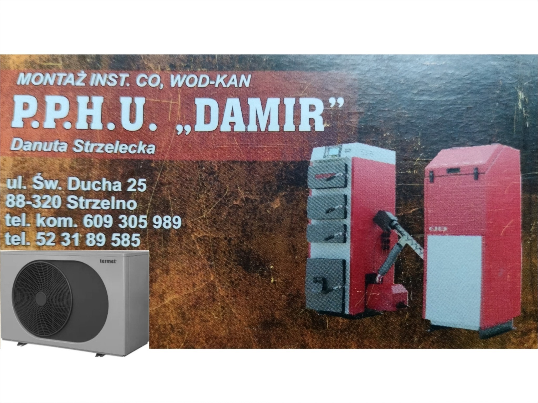 Wizytówka firmy P.P.H.U. 'DAMIR' z ofertą montażu instalacji CO i WOD-KAN, prezentująca pompę ciepła Termet oraz kotły grzewcze.