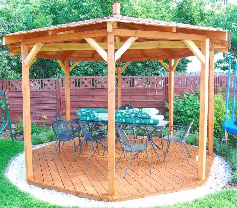 Drewniana altana ogrodowa z ośmiokątnym dachem, drewnianą podłogą i meblami ogrodowymi, otoczona trawnikiem i ozdobnym żwirem.