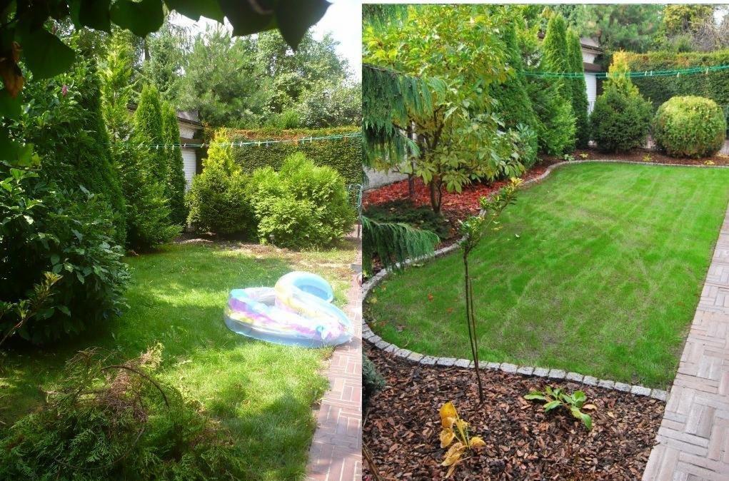 Porównanie dwóch fragmentów ogrodu: zaniedbanego z dmuchanym łabędziem i zadbanego z równo przystrzyżonym trawnikiem, obrzeżami z kamienia i korą.