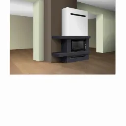 Wizualizacja nowoczesnego kominka z obudową z ciemnego kamienia i białym elementem nad paleniskiem, umieszczonego w minimalistycznym wnętrzu z drewnianą podłogą.