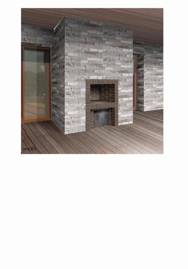 Kamienny kominek zewnętrzny z metalowymi drzwiczkami na tarasie z drewnianą podłogą i zadaszeniem.