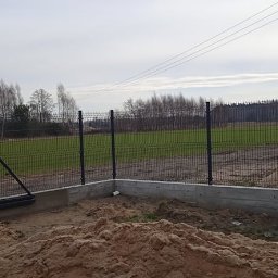 Rozbiórki i wyburzenia kompleksowo - Nowoczesne ogrodzenie panelowe z bramą przesuwną na betonowej podmurówce, widok na zielone pole i las w tle, pochmurne niebo.