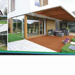 Wizualizacja domu z dużymi przesuwnymi oknami, wyjściem na taras z drewnianą podłogą i zadaszeniem z drewnianych belek. Widoczny narożnik wypoczynkowy i rośliny w donicach. W tle fragment ogrodu.