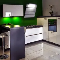 Nowoczesna kuchnia z białymi lakierowanymi frontami, ciemnoszarym blatem i barkiem, podświetleniem LED oraz chromowanym stołkiem barowym na tle zielonej ściany.