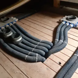 System wentylacyjny z szarych, elastycznych rur na drewnianym poddaszu, przymocowany metalowymi obejmami, widoczne elementy montażowe i izolacja.