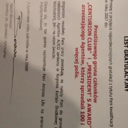 Skan listu gratulacyjnego z podpisem dyrektora ds. sprzedaży agencyjnej, dotyczącego kwalifikacji agenta ubezpieczeniowego do prestiżowego grona 'Centurion Club' i 'President's Award' za sprzedaż...