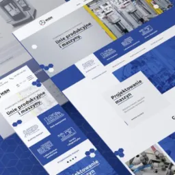 Wizualizacja responsywnej strony internetowej firmy MIBM prezentująca projektowanie linii produkcyjnych i maszyn, z widocznymi elementami nawigacji, galerią zdjęć i danymi kontaktowymi, na tle...