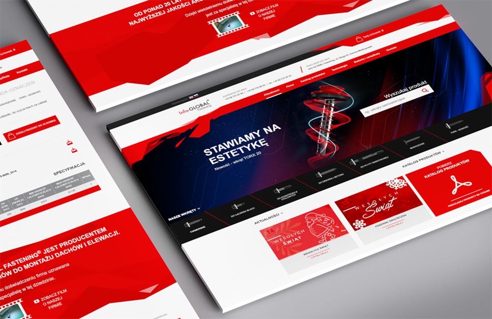 Prezentacja responsywnej strony internetowej firmy z branży budowlanej, z widocznym panelem wyszukiwania produktów, menu nawigacyjnym i elementami graficznymi w kolorystyce czerwono-białej...