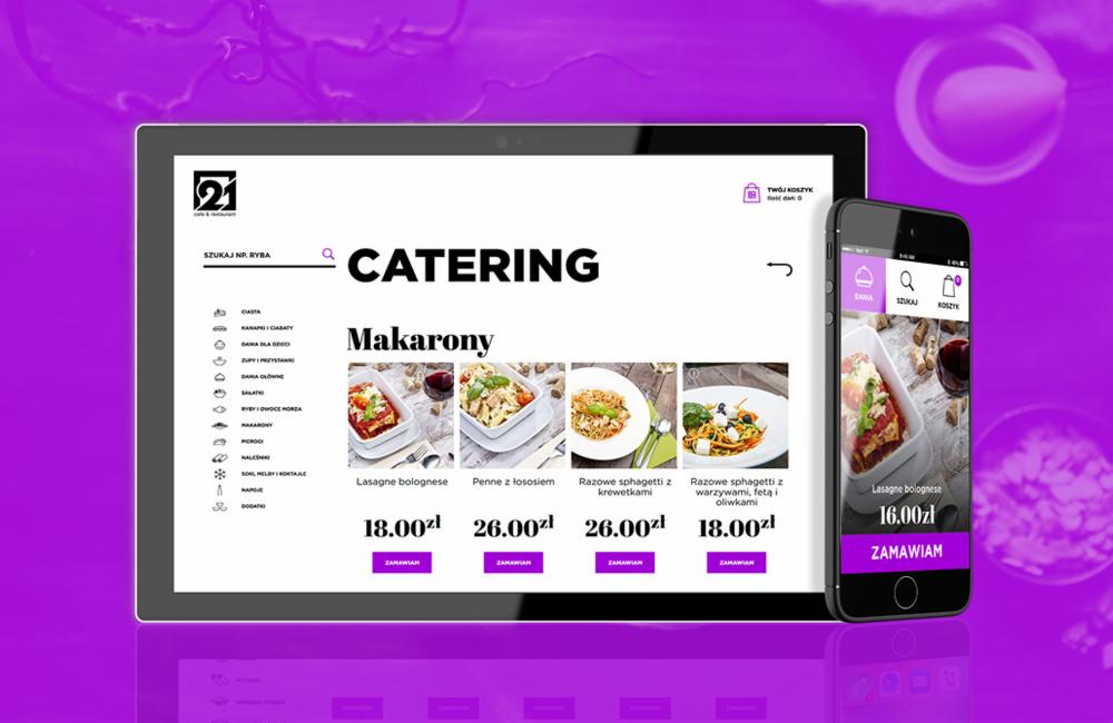 Wyświetlona na tablecie i smartfonie strona internetowa restauracji z ofertą cateringu, prezentująca dania z makaronu, w tym lasagne bolognese i spaghetti z różnymi dodatkami, z cenami...