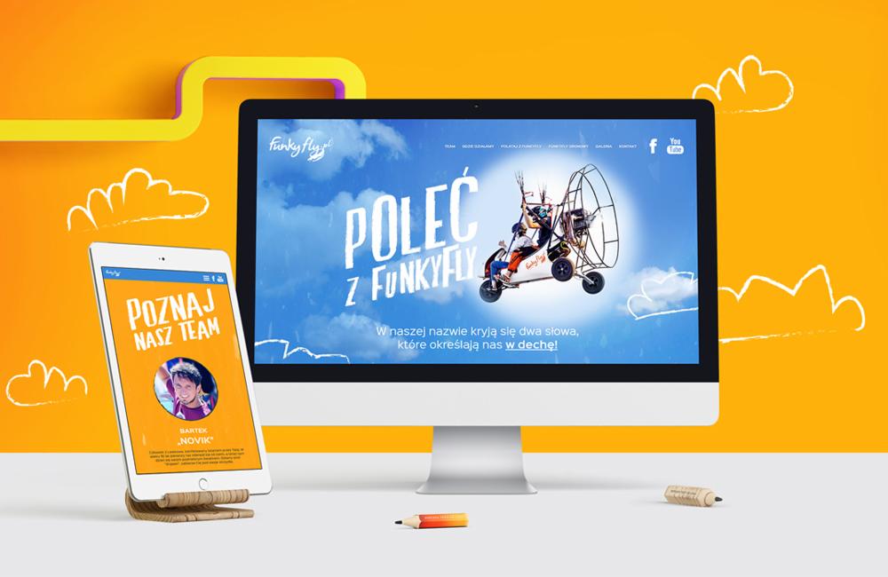 Prezentacja strony internetowej firmy Funky Fly na monitorze i tablecie, z motywem lotniczym i chmurkami na żółtym tle.