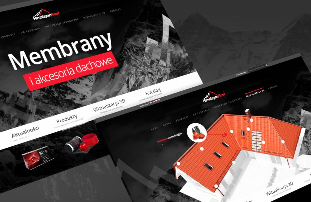 Prezentacja responsywnej strony internetowej firmy z branży dachowej, z widocznymi elementami interfejsu użytkownika i wizualizacją 3D dachu.
