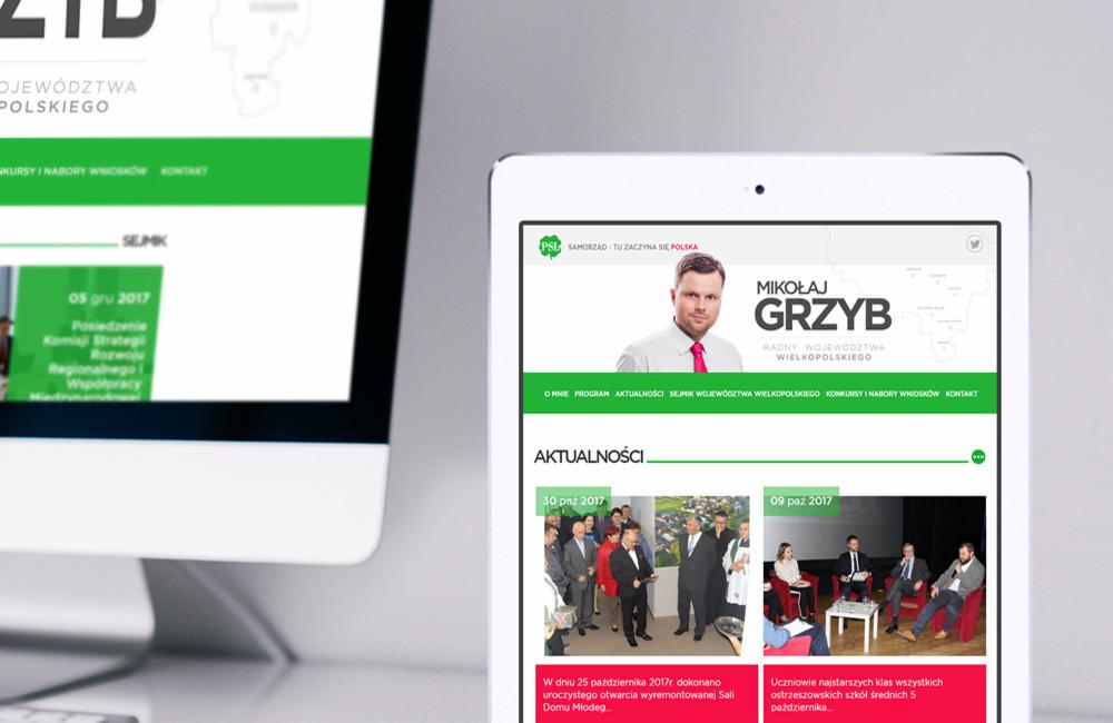 Wyświetlona strona internetowa na monitorze i tablecie prezentująca profil polityka, z nagłówkiem zawierającym imię i nazwisko oraz zdjęcia z wydarzeń w sekcji aktualności.