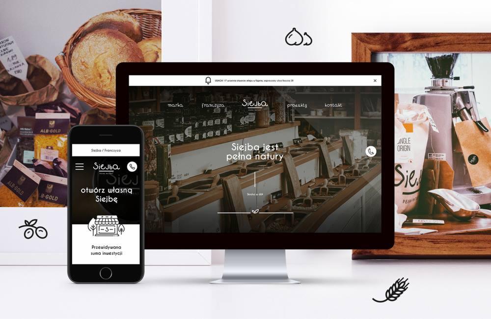 Prezentacja responsywnej strony internetowej marki Siejba na monitorze i smartfonie, z elementami identyfikacji wizualnej marki w tle, takimi jak logo i produkty.
