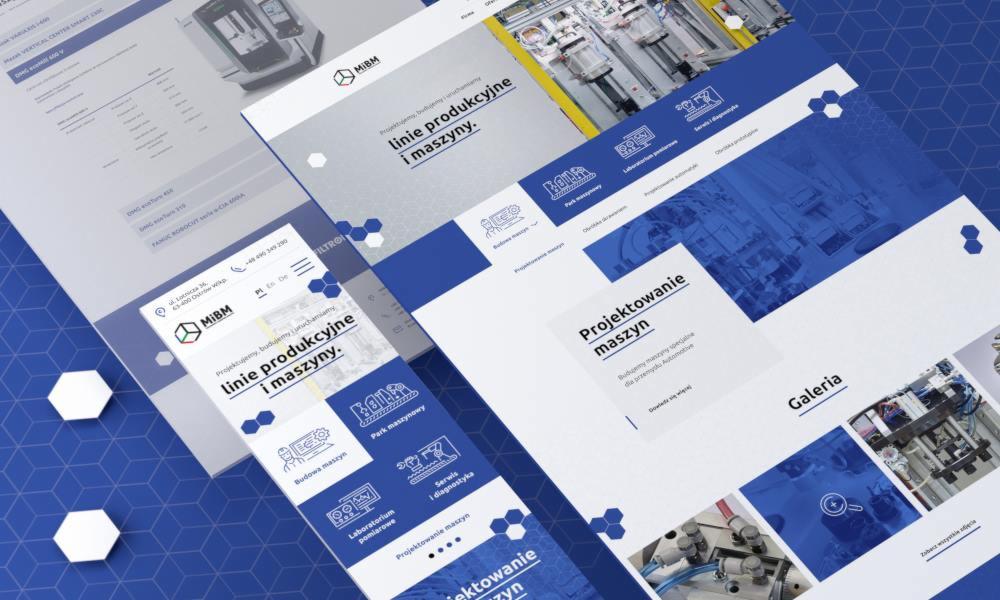 Wizualizacja responsywnej strony internetowej firmy MIBM prezentująca projektowanie linii produkcyjnych i maszyn, z widocznymi elementami nawigacji, galerią zdjęć i danymi kontaktowymi, na tle...