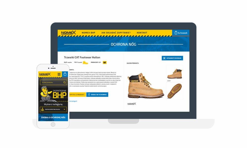 Prezentacja strony internetowej sklepu BHP na ekranie komputera i smartfona, z widocznymi trzewikami CAT i logo firmy Nomex.
