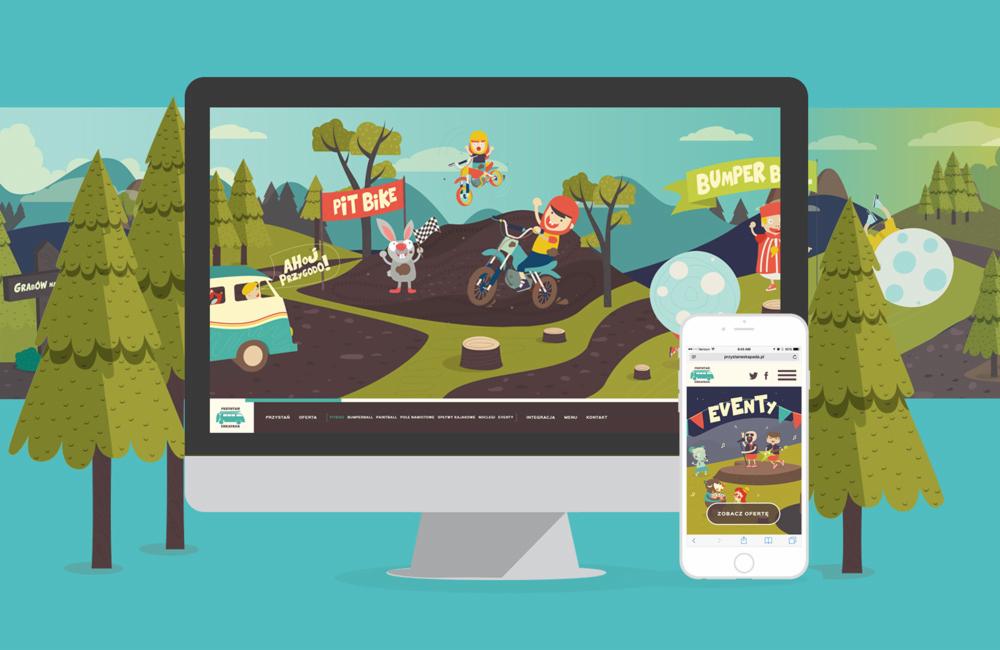 Ekran komputera i smartfon prezentujące ilustrowaną stronę internetową z motywem parku rozrywki dla dzieci, z postaciami z kreskówek i elementami graficznymi.