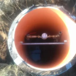 Studzienka wodomierzowa z zamontowanym licznikiem i zaworami, widok z góry. Pomarańczowe wnętrze studzienki, czarna woda na dnie. Element instalacji wodnej.