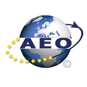Logo AEO na tle stylizowanej kuli ziemskiej z konturami Europy i okręgiem z gwiazd