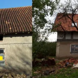 Dwa ujęcia tego samego budynku: po lewej starsza część z ciemną dachówką i zakrytymi oknami, po prawej dobudowana nowa część z czerwoną dachówką, drewnianą konstrukcją balkonu i stertą drewna...