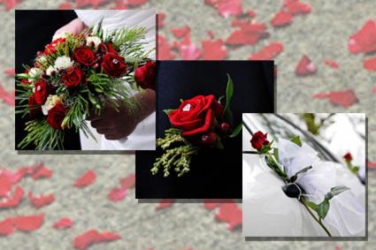 Kompozycja z trzech zdjęć: bukiet ślubny z czerwonych i białych róż trzymany w rękach, butonierka z pojedynczą czerwoną różą na czarnym tle oraz dekoracja z białą tiulową wstążką i czerwoną różą...