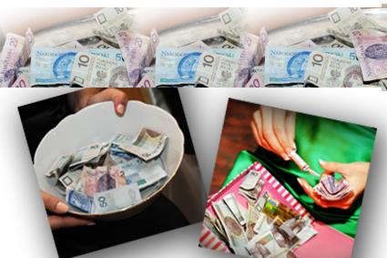 Kolaż zdjęć z pieniędzmi: banknoty w misce, banknoty układane w pudełku prezentowym, banknoty w tle.