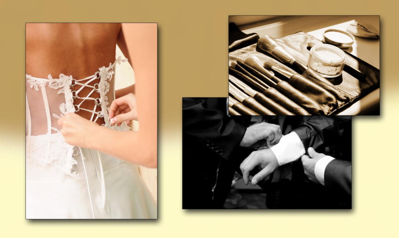 Montaż sukni ślubnej z koronkowym gorsetem, pędzle do makijażu w etui oraz dopinanie mankietów koszuli.