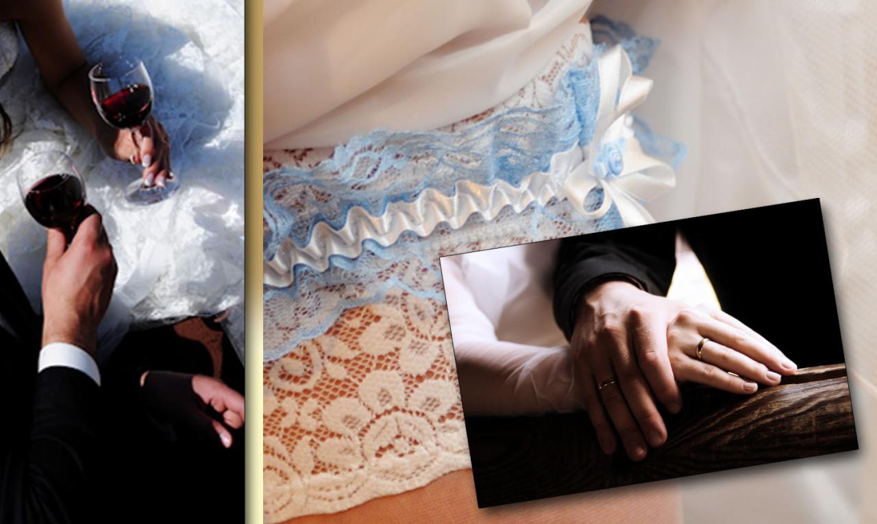 Kompozycja ślubna: toast wznoszony czerwonym winem, podwiązka z błękitną koronką i zbliżenie dłoni z obrączkami na drewnianym tle.