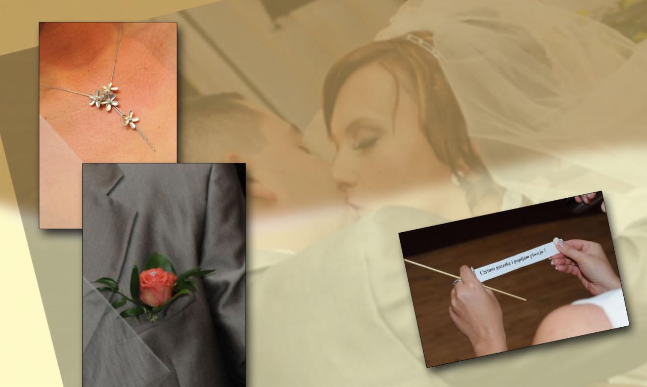 Kolaż zdjęć z uroczystości ślubnej: zbliżenie na srebrny naszyjnik z kwiatami, butonierka z pomarańczową różą w szarym garniturze oraz całująca się para młoda z welonem, uzupełnione kartką...