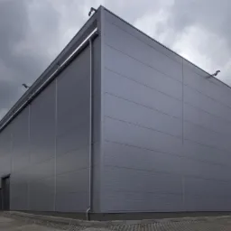 Szara hala przemysłowa z paneli warstwowych, widok z zewnątrz na tle pochmurnego nieba i kostki brukowej. Widoczne oświetlenie zewnętrzne i rynna.