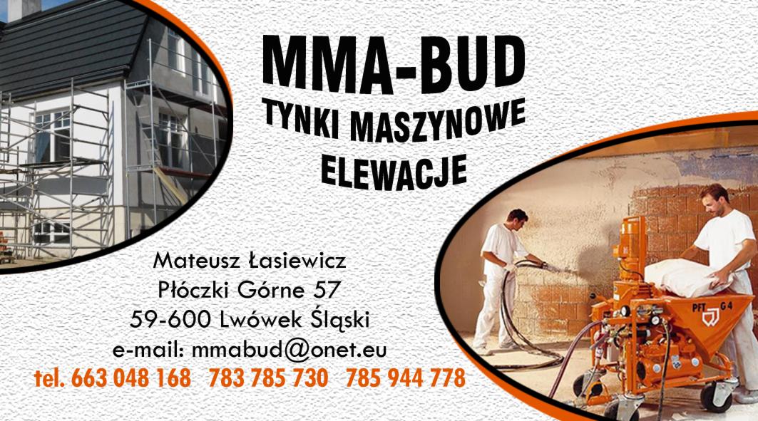 Grafika reklamowa firmy MMA-BUD prezentująca tynki maszynowe i elewacje, z wizualizacją budynku w trakcie prac elewacyjnych na rusztowaniu oraz pracowników aplikujących tynk maszynowy za pomocą...