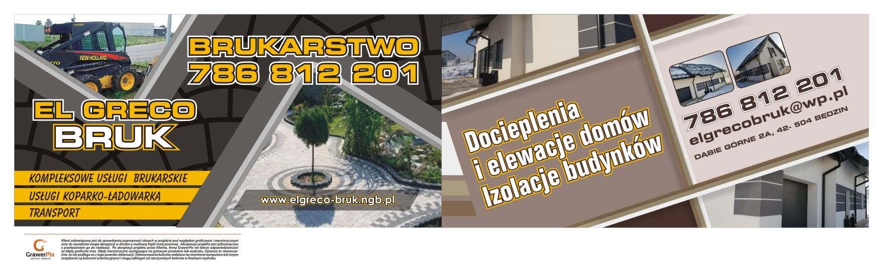 Baner reklamowy firmy brukarskiej El Greco Bruk, oferującej usługi brukarskie, koparko-ładowarką i transport. Na banerze widoczny jest minikoparka, ścieżka z kostki brukowej oraz ocieplony budynek.