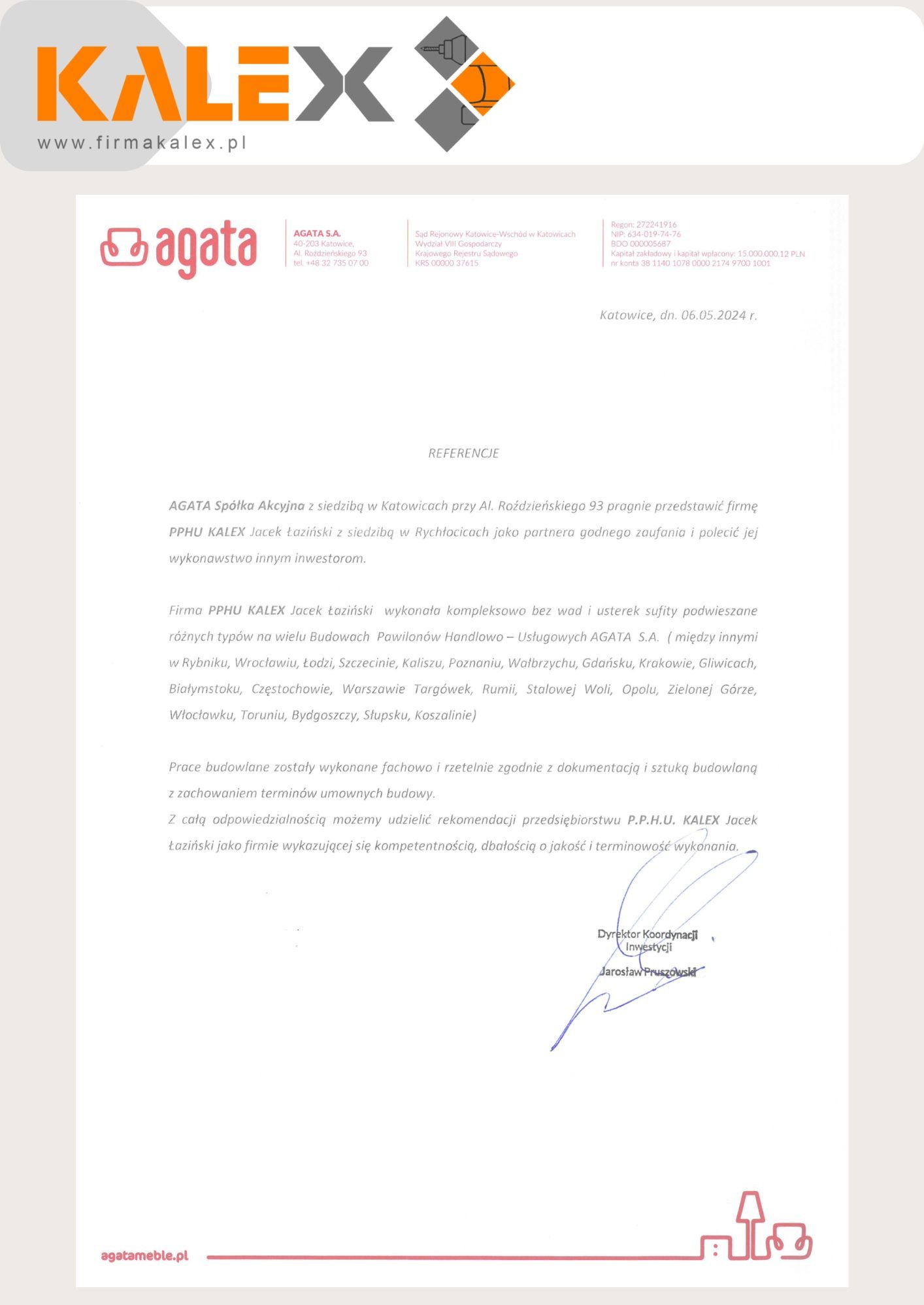 Skan dokumentu referencyjnego dla firmy KALEX, wystawionego przez AGATA S.A., potwierdzającego wykonanie sufitów podwieszanych w różnych miastach Polski.