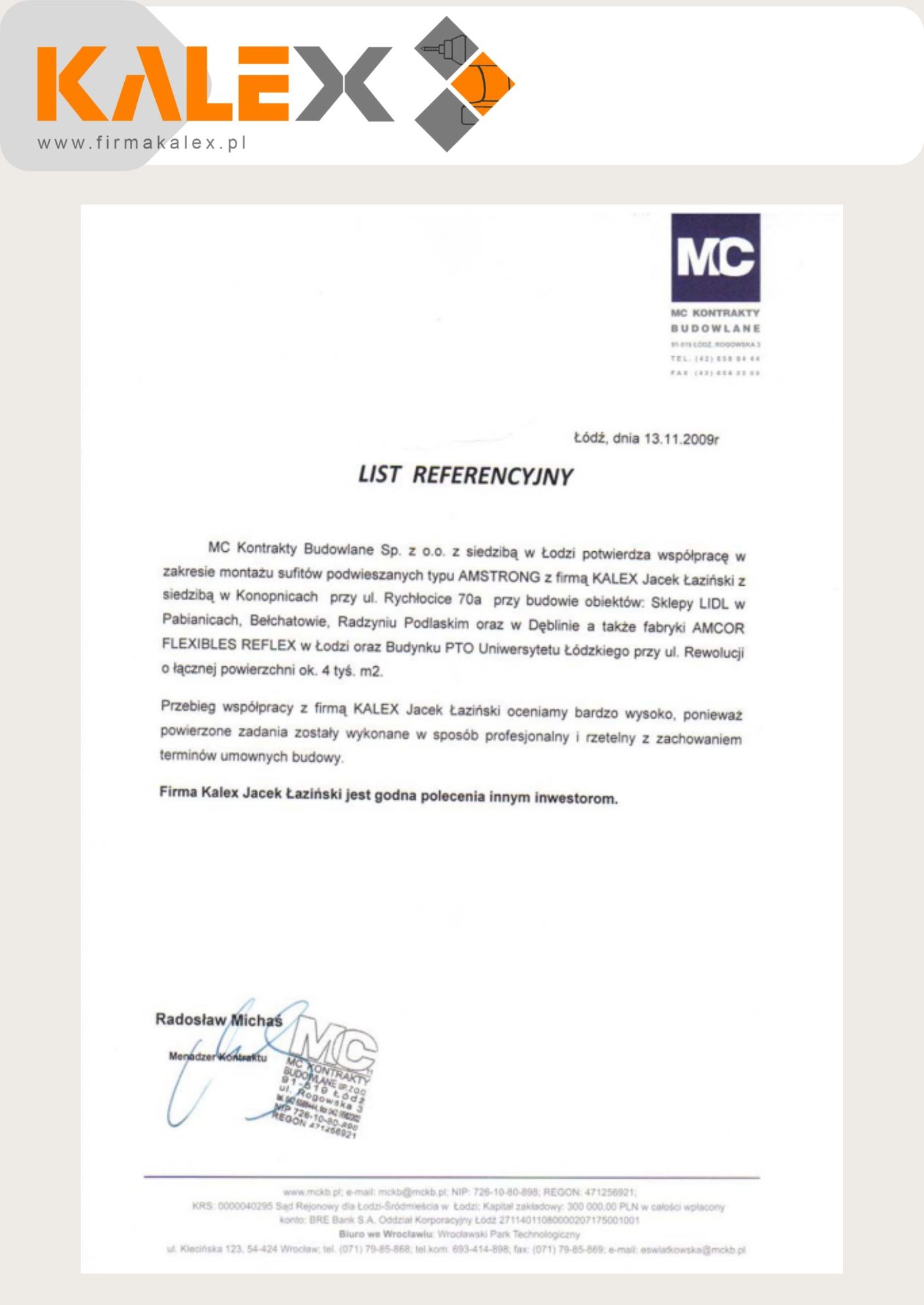Skan listu referencyjnego od MC Kontrakty Budowlane dla firmy KALEX Jacek Łaziński, potwierdzający współpracę przy montażu sufitów podwieszanych AMSTRONG w różnych lokalizacjach, datowany na 13.11.