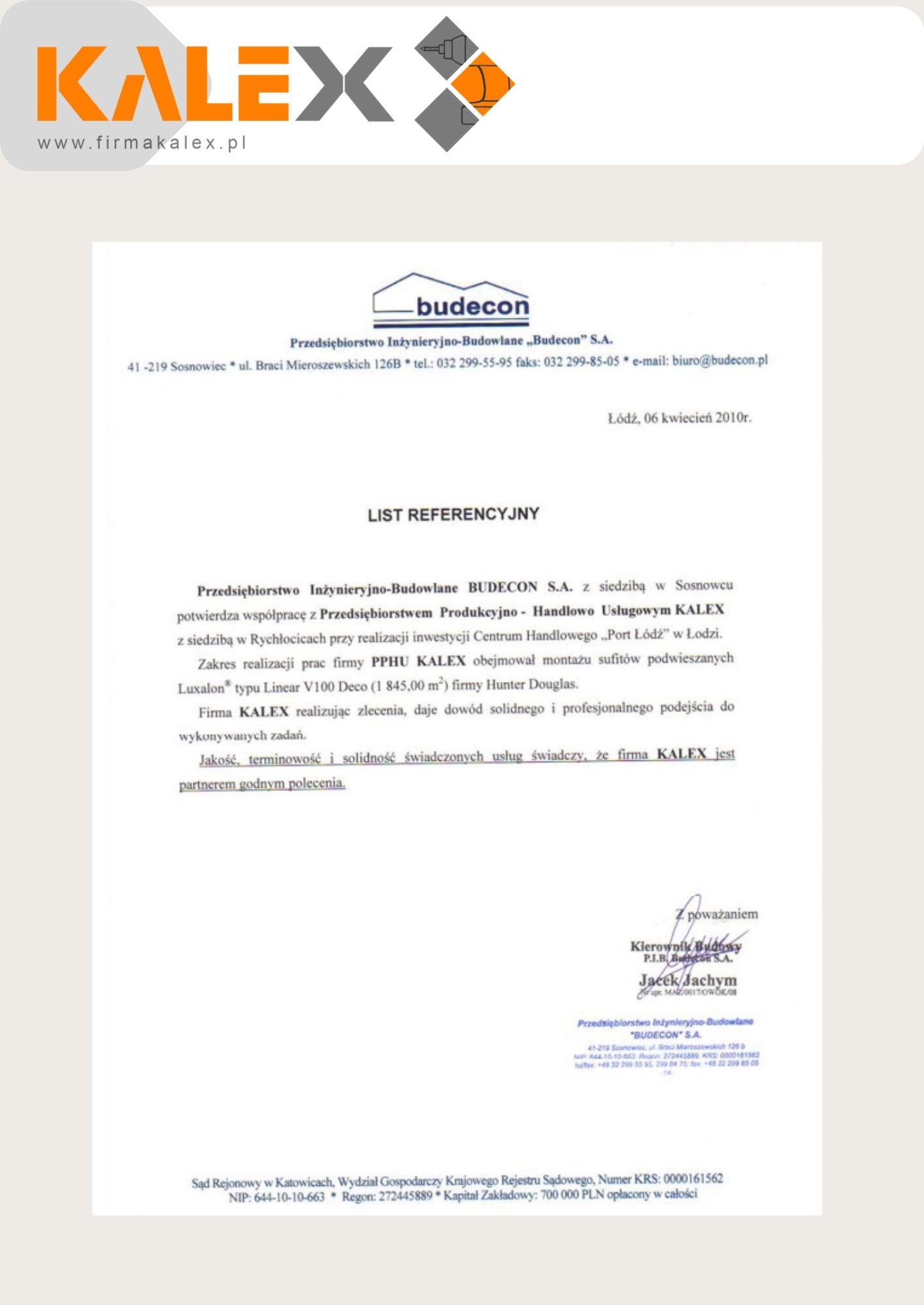 Skan listu referencyjnego firmy Budowlanej Budecon dla firmy Kalex, potwierdzający współpracę przy montażu sufitów podwieszanych Luxalon w Centrum Handlowym Port Łódź.