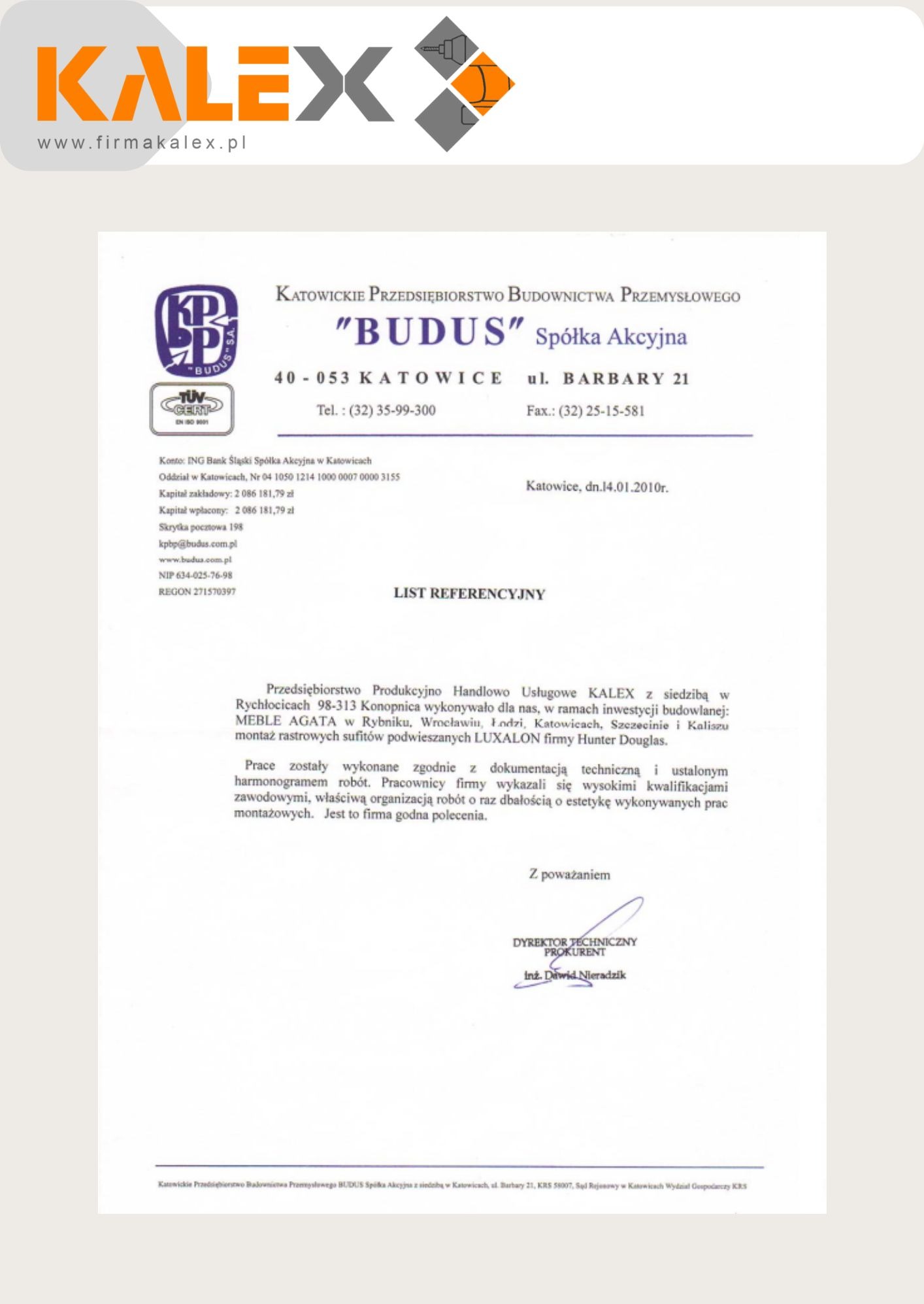 Skan listu referencyjnego od firmy BUDUS dla Przedsiębiorstwa Produkcyjno Handlowo Usługowego KALEX, potwierdzający montaż sufitów podwieszanych LUXALON firmy Hunter Douglas w różnych miastach Polski.