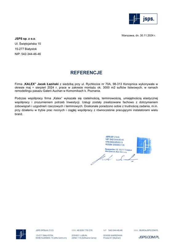 Skan dokumentu z referencjami firmy JSPS sp. z o.o. dla firmy KALEX Jacek Łaziński, potwierdzający montaż sufitów listwowych w Galerii Auchan.