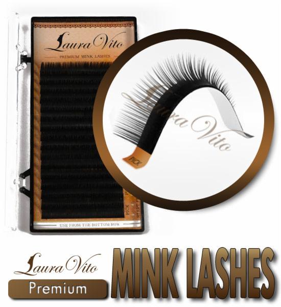 Kasetka z rzęsami Laura Vito Premium Mink Lashes, widoczny pasek rzęs na białym tle w okręgu, zbliżenie na pojedyncze rzęsy z oznaczeniem 'PICK'.