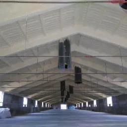 Wnętrze hali produkcyjnej z ocieplonym stropem, widoczne elementy konstrukcyjne i wiszące osłony na instalacjach.