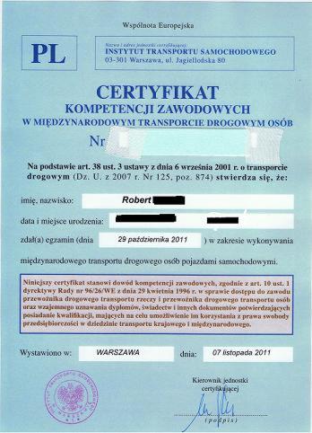 certyfikat kompetencji zawodowych w przewozie osób