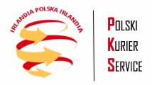 Logo firmy transportowej PKS Kurier Service z motywem strzałek i napisem 'IRLANDIA POLSKA IRLANDIA'. Symbolizuje transport między krajami.