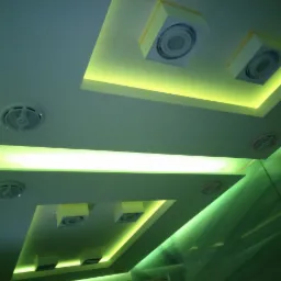 Podwieszany sufit z oświetleniem LED w odcieniach zieleni, z okrągłymi kratkami wentylacyjnymi i wbudowanymi lampami w kwadratowych oprawach. Nowoczesny design.