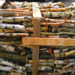 Drewno kominkowe ułożone w drewnianej skrzyni, widoczne kawałki brzozy i innego drewna. Skrzynia częściowo wypełniona, ustawiona na zewnątrz.